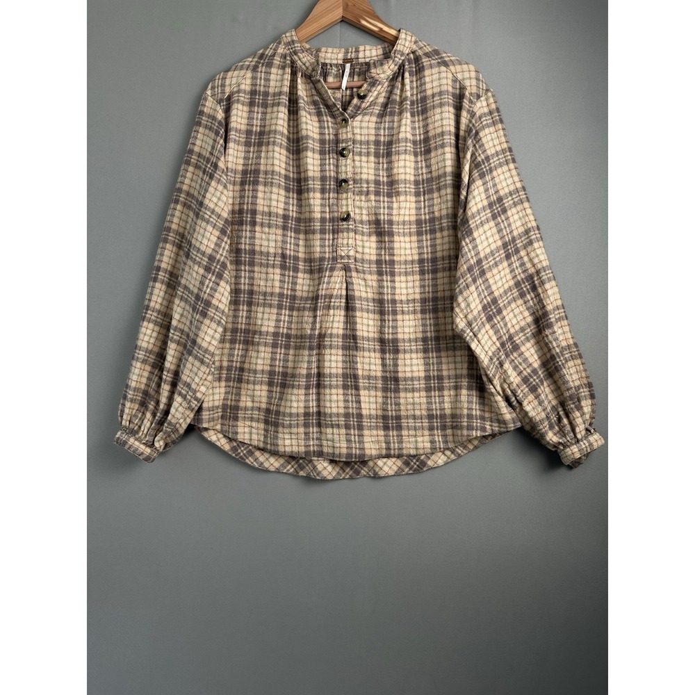Free People XS Plaid Flannel Henley Top Cream Gray Blue Rust Bishop Sleeve